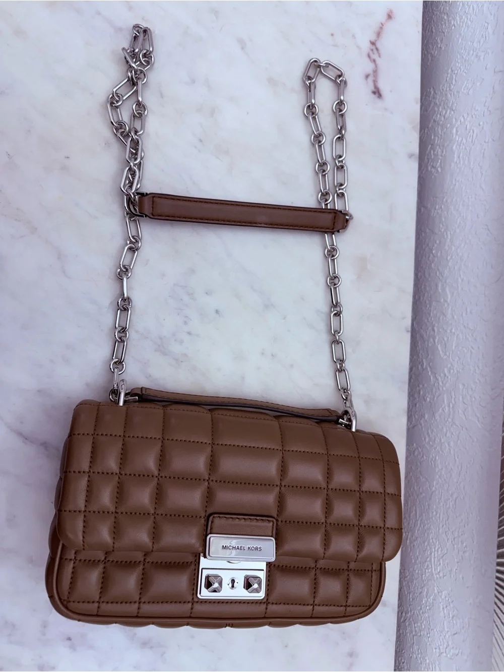 Michael Kors Quilted Shoulder Bag in Taupe Brown with Silver Hardware